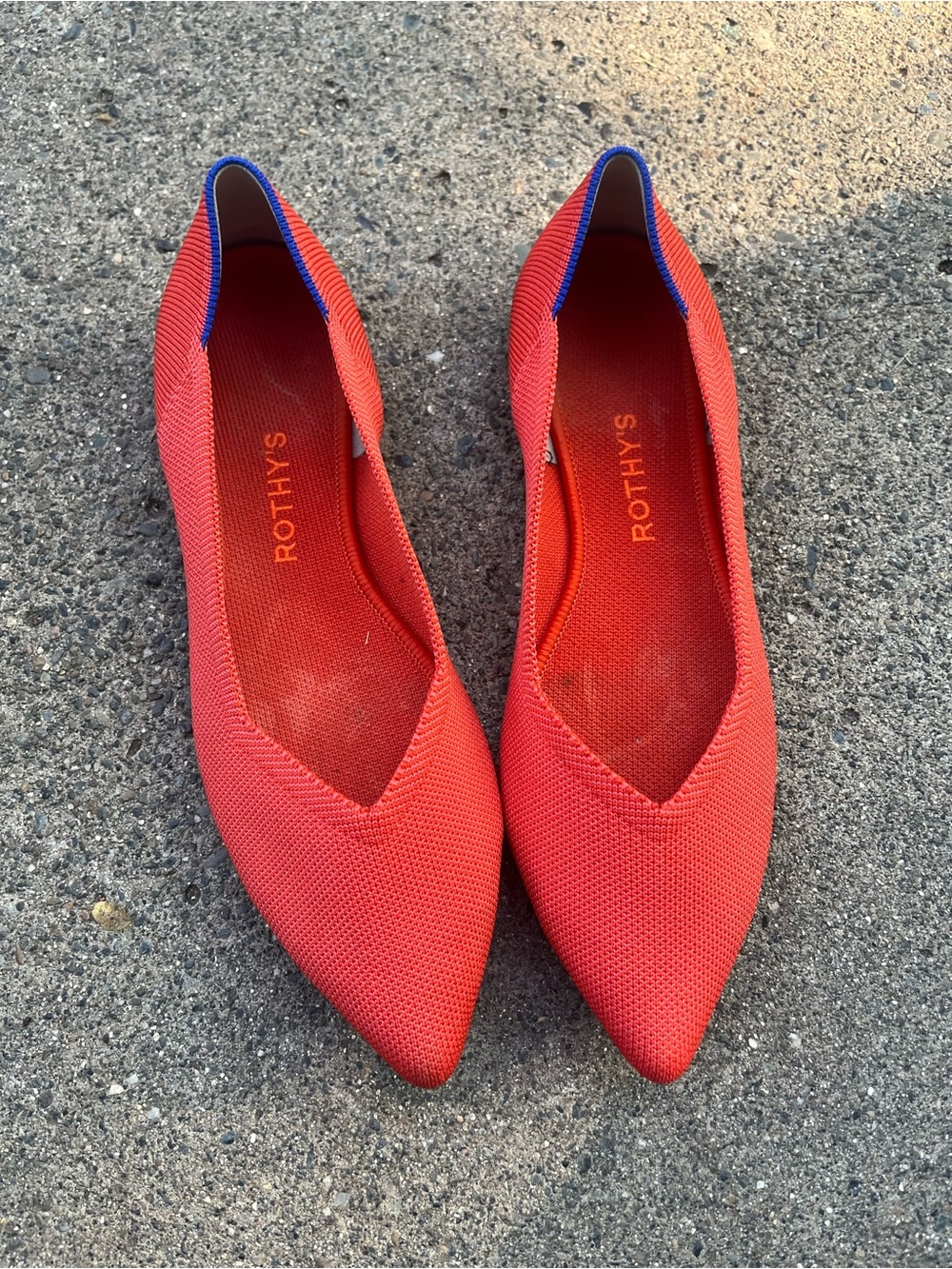 Rothy's Red Pointed Knit Flats with Blue Trim